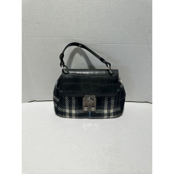 BURBERRY LONDON Croc Embossed Leather Tartan Wool Satchel Purse Bag Authentic - Picture 1 of 16